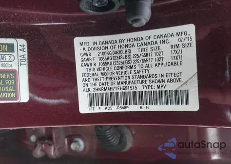 2015 Honda Cr-V Ex-L z USA, uszkodzony, nr VIN 2HKRM4H71FH681575